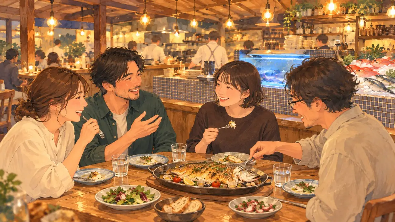 上野で魚を選ぶ夜の4人食卓