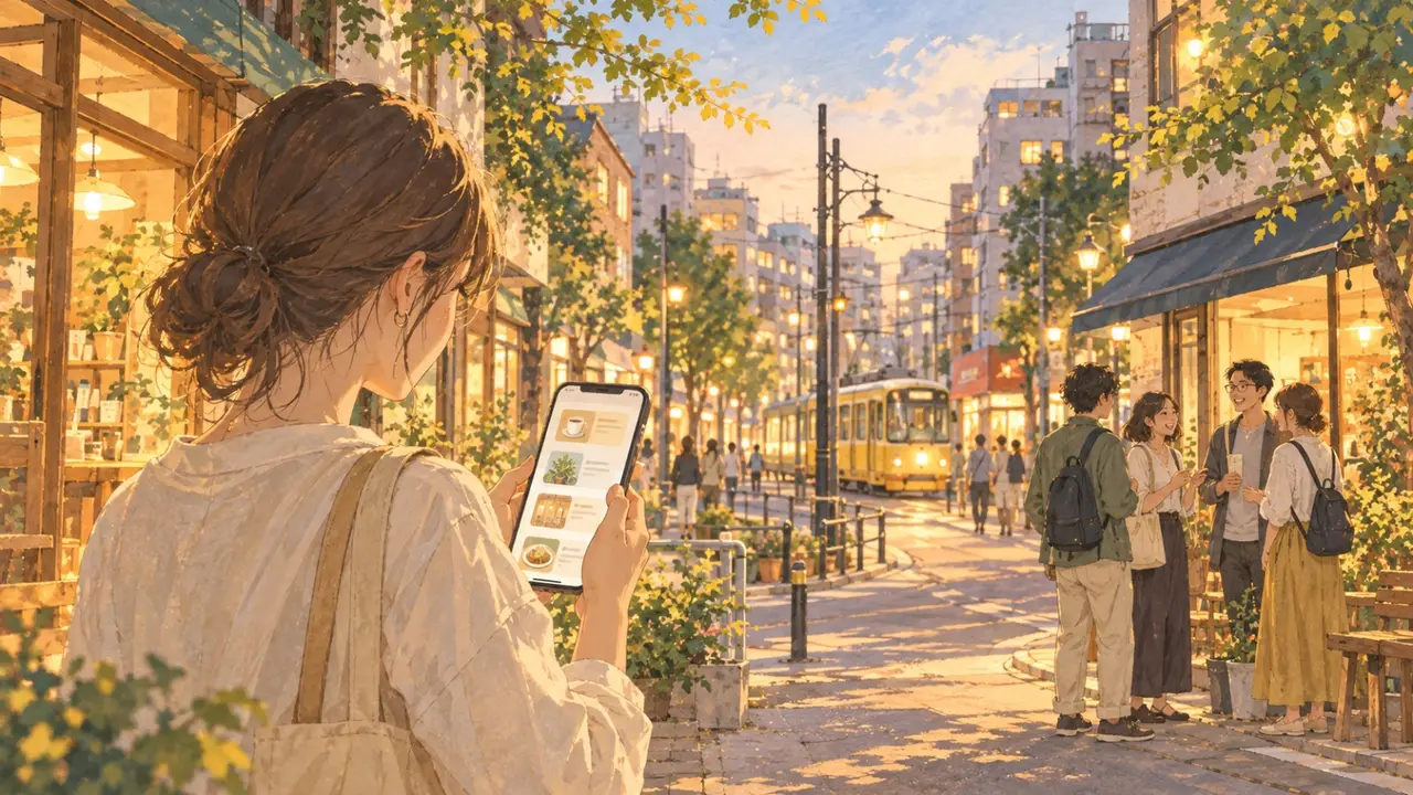 まちループで街の番組を見つけ、少人数で集まる様子のイラスト