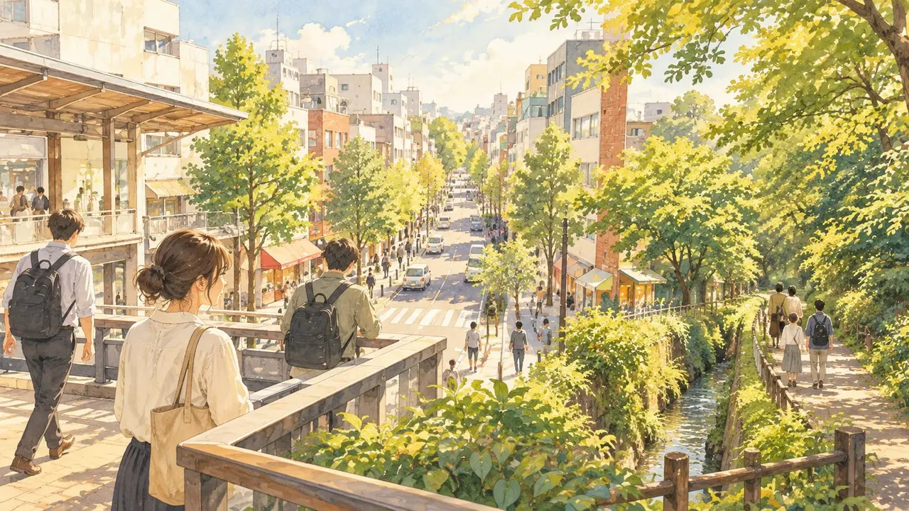 南口のデッキからの風景のイラスト
