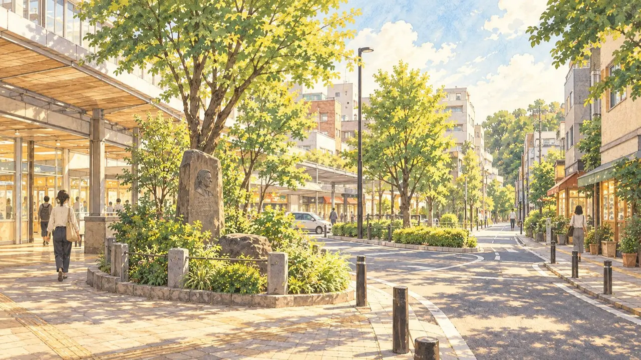 北口の独歩の碑との風景のイラスト