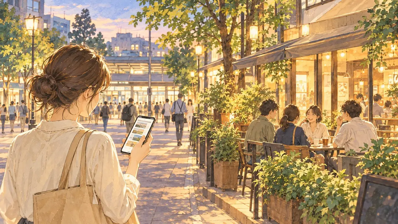 まちループで街の番組を見つけ、少人数で集まる様子のイラスト